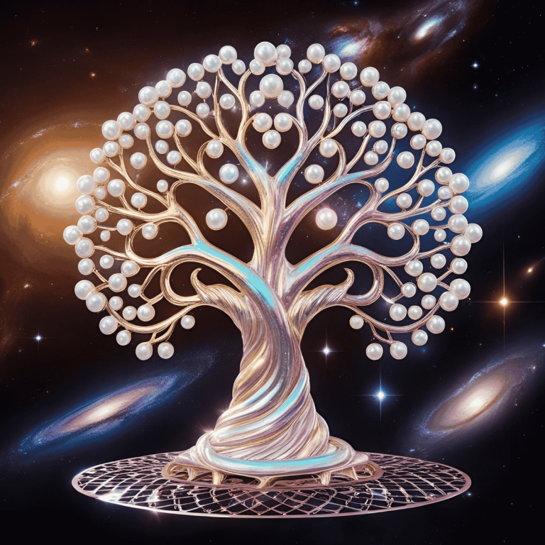 Ein stilisierter Baum aus Perlen vor einem kosmischen Hintergrund.