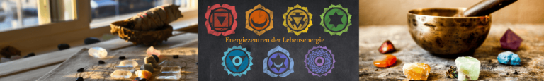 Entspannungsutensilien mit Klangschale und Chakrasymbolen auf dunklem Hintergrund.