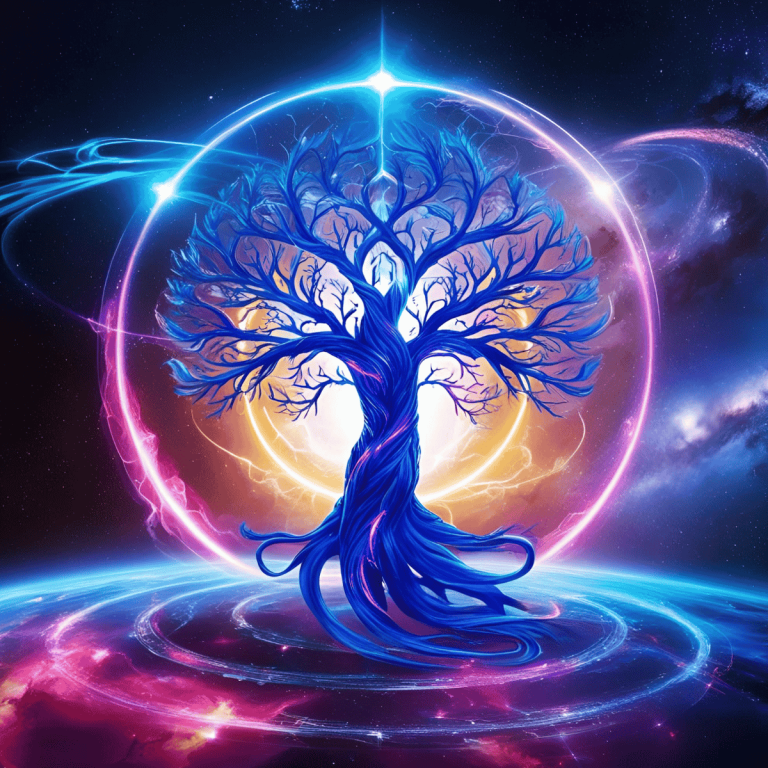Leuchtender Baum in einem farbenfrohen, kosmischen Hintergrund mit energetischen Ringen.