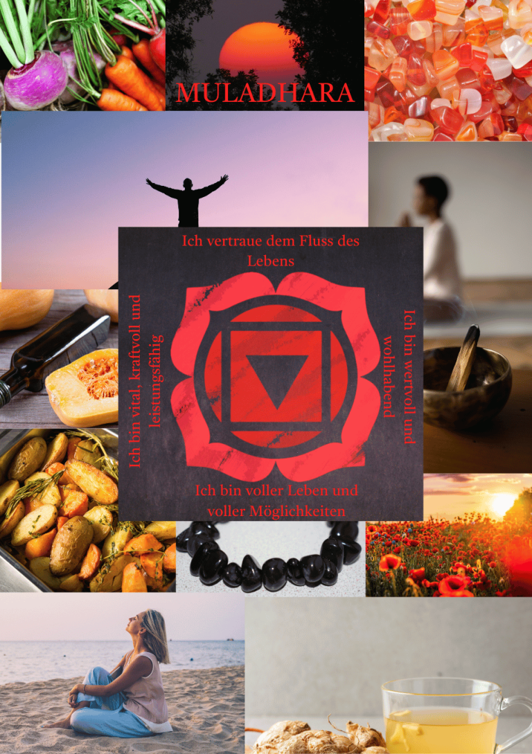 Kollage mit Yoga-Elementen, Natur und gesunden Lebensmitteln in verschiedenen Szenen.