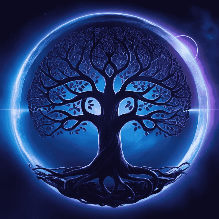 Schwarzer Baum mit ausgebreiteten Ästen und leuchtendem, blauen Hintergrund.