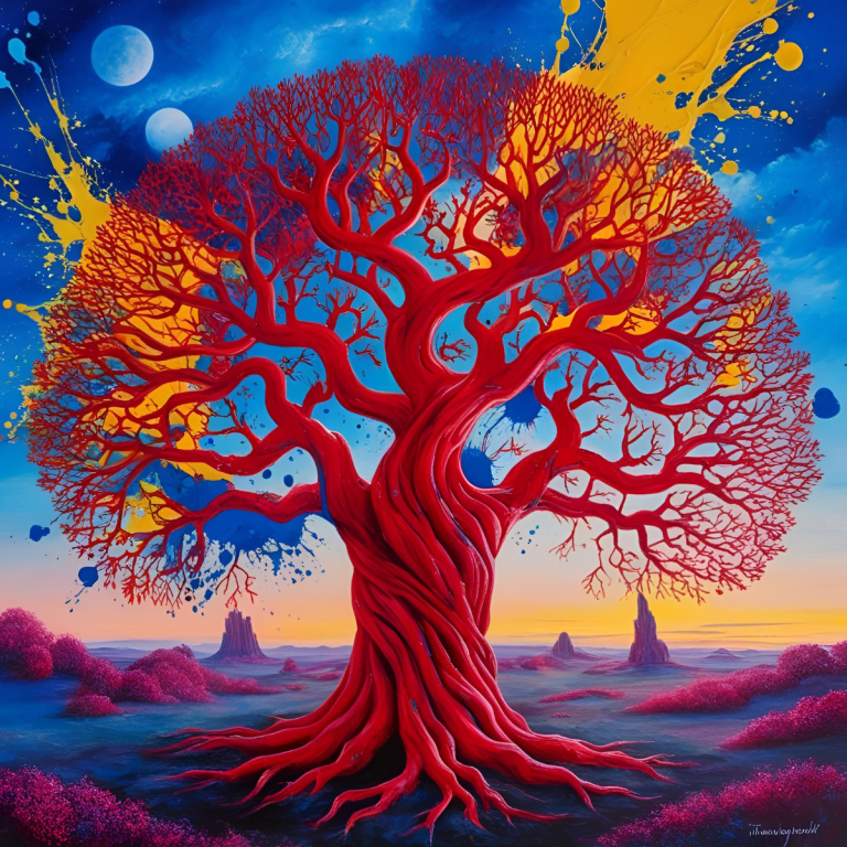 Roter Baum mit verzweigten Ästen vor farbenfrohem, traumhaftem Hintergrund.