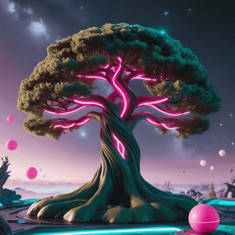 Futuristischer Baum mit leuchtend pinken Ästen vor einem sternenklaren Himmel.