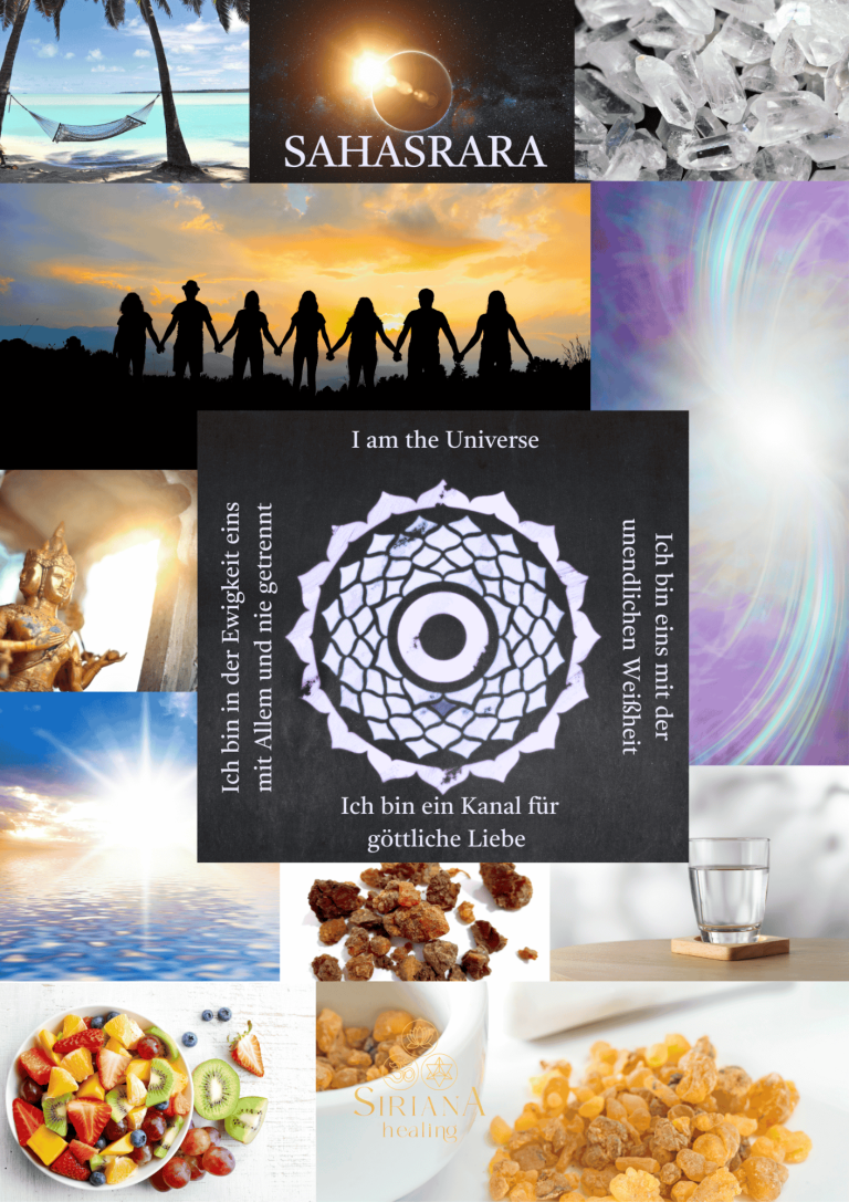 Kollage mit spirituellen Symbolen, Landschaften und der Aussage „Ich bin das Universum“.