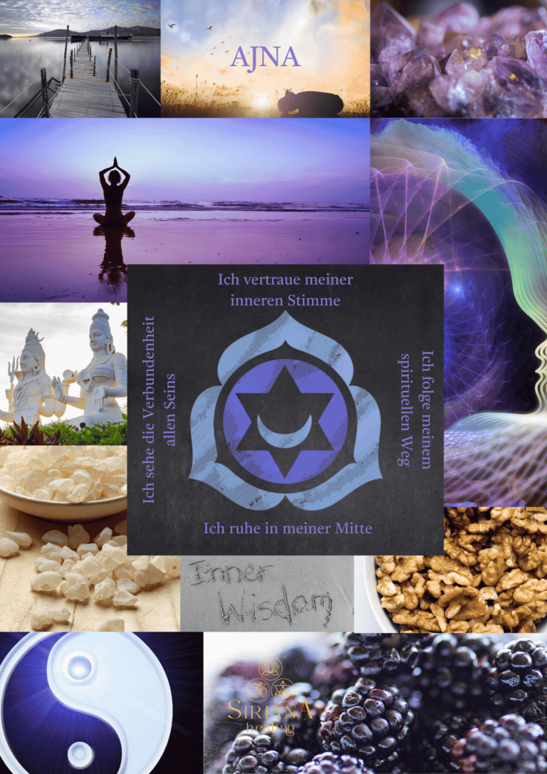Collage mit spirituellen Symbolen, Mandalas, und Naturmotiven in sanften Blautönen.